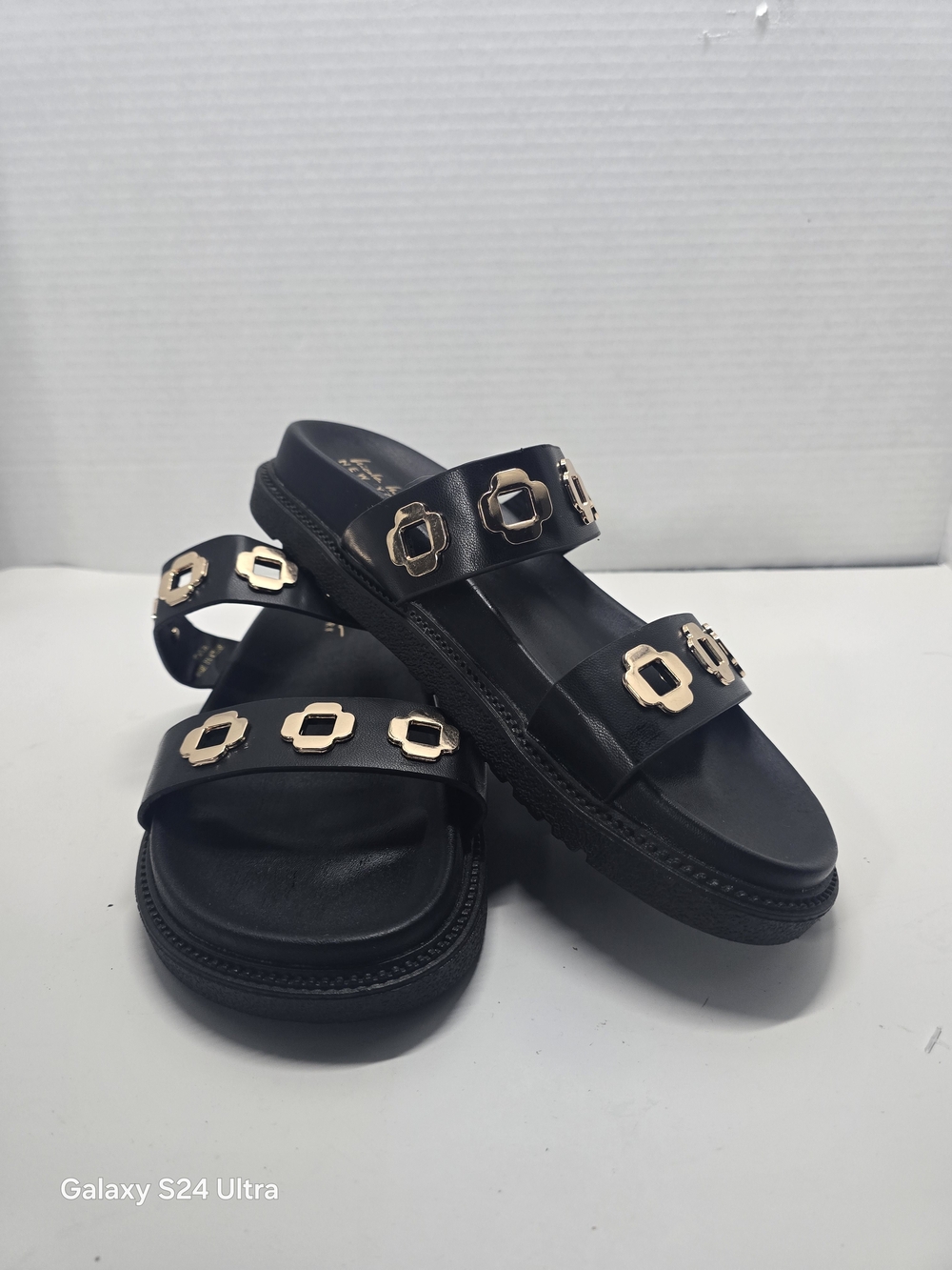 Nicole Miller Black Studded Slide Sandals  Black Slide Sandals with Gold Accents